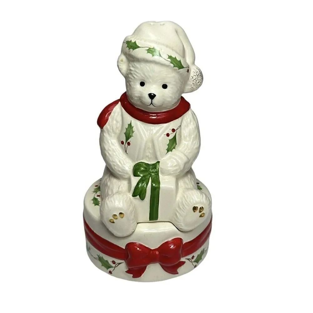 Vintage Lenox 2003 Ceramic Bear Stackable Salt Pepper Shakers Holiday Christmas